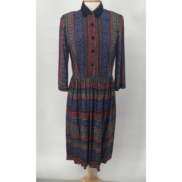 Vintage 70s Shirt Dress Midi Geometric Print Velvet Collar Fit & Flare Womens 10 - Picture 2 of 8